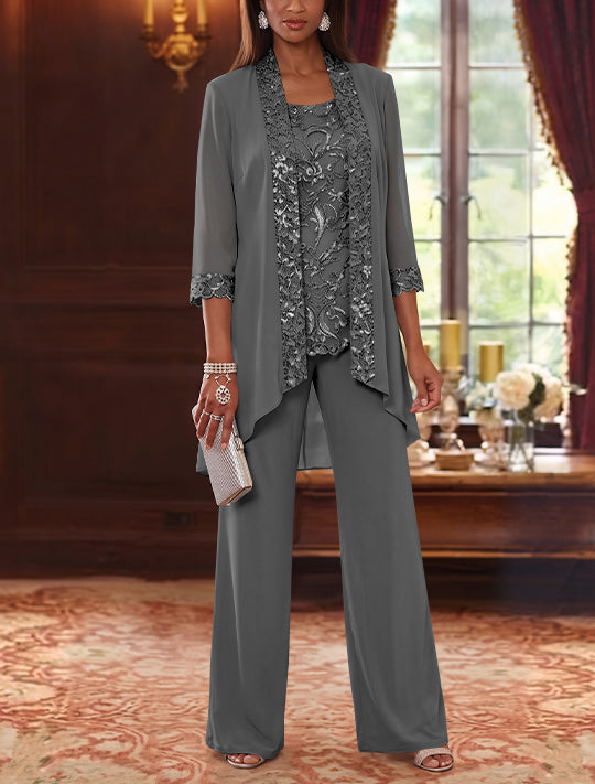 3 Pieces Scoop Chiffon Mother of the Bride Pantsuits with Jacket 3/4 Sleeves Ankle-Length Floral Sequins