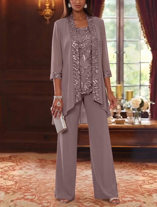 3 Pieces Scoop Chiffon Mother of the Bride Pantsuits with Jacket 3/4 Sleeves Ankle-Length Floral Sequins