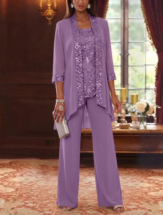 3 Pieces Scoop Chiffon Mother of the Bride Pantsuits with Jacket 3/4 Sleeves Ankle-Length Floral Sequins