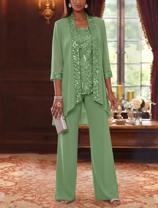 3 Pieces Scoop Chiffon Mother of the Bride Pantsuits with Jacket 3/4 Sleeves Ankle-Length Floral Sequins