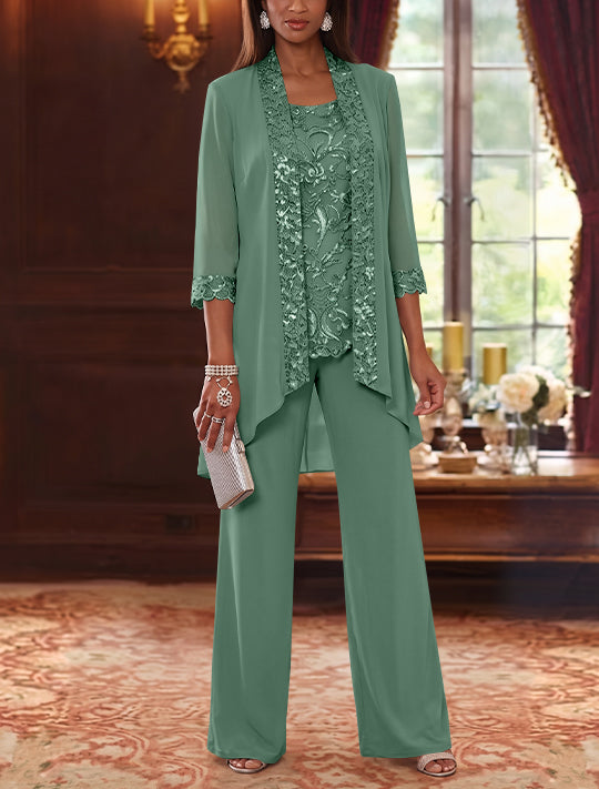 3 Pieces Scoop Chiffon Mother of the Bride Pantsuits with Jacket 3/4 Sleeves Ankle-Length Floral Sequins