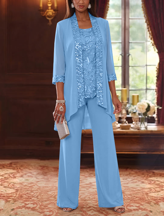 3 Pieces Scoop Chiffon Mother of the Bride Pantsuits with Jacket 3/4 Sleeves Ankle-Length Floral Sequins