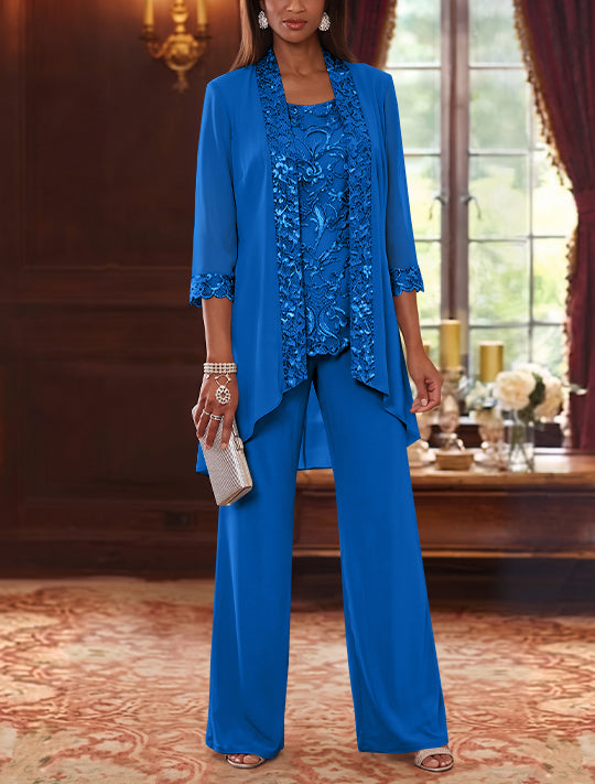 3 Pieces Scoop Chiffon Mother of the Bride Pantsuits with Jacket 3/4 Sleeves Ankle-Length Floral Sequins
