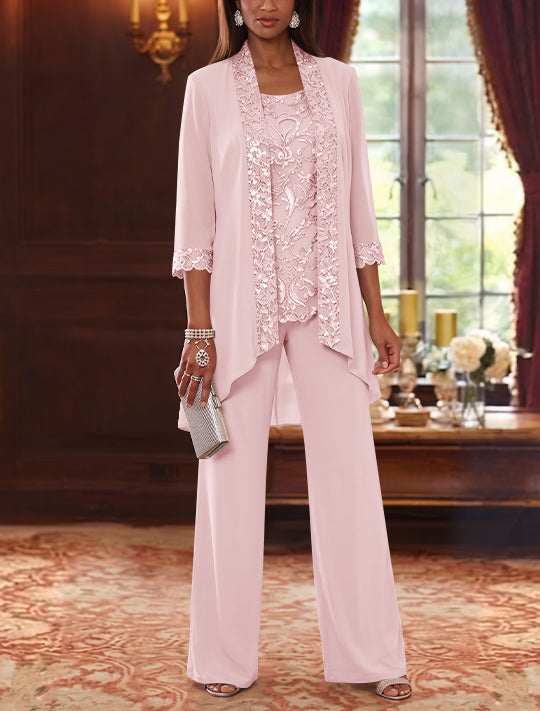 3 Pieces Scoop Chiffon Mother of the Bride Pantsuits with Jacket 3/4 Sleeves Ankle-Length Floral Sequins