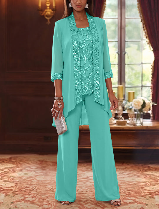 3 Pieces Scoop Chiffon Mother of the Bride Pantsuits with Jacket 3/4 Sleeves Ankle-Length Floral Sequins
