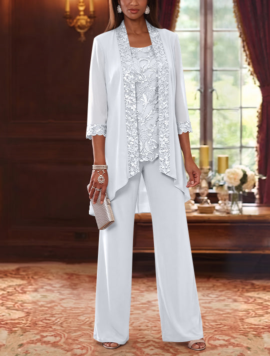 3 Pieces Scoop Chiffon Mother of the Bride Pantsuits with Jacket 3/4 Sleeves Ankle-Length Floral Sequins