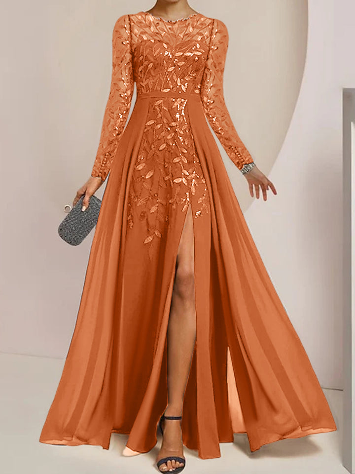 A-Line/Princess Scoop Long Sleeves Floor-Length Mother of the Bride Dresses with Split Side, Ruffles & Sequins