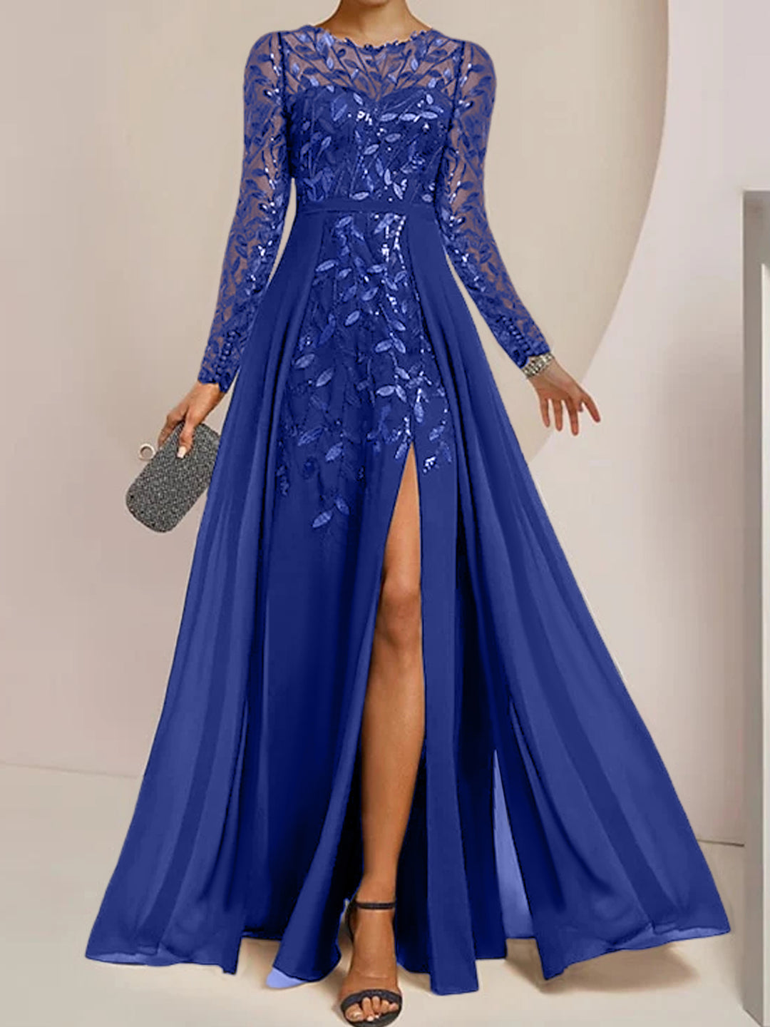 A-Line/Princess Scoop Long Sleeves Floor-Length Mother of the Bride Dresses with Split Side, Ruffles & Sequins