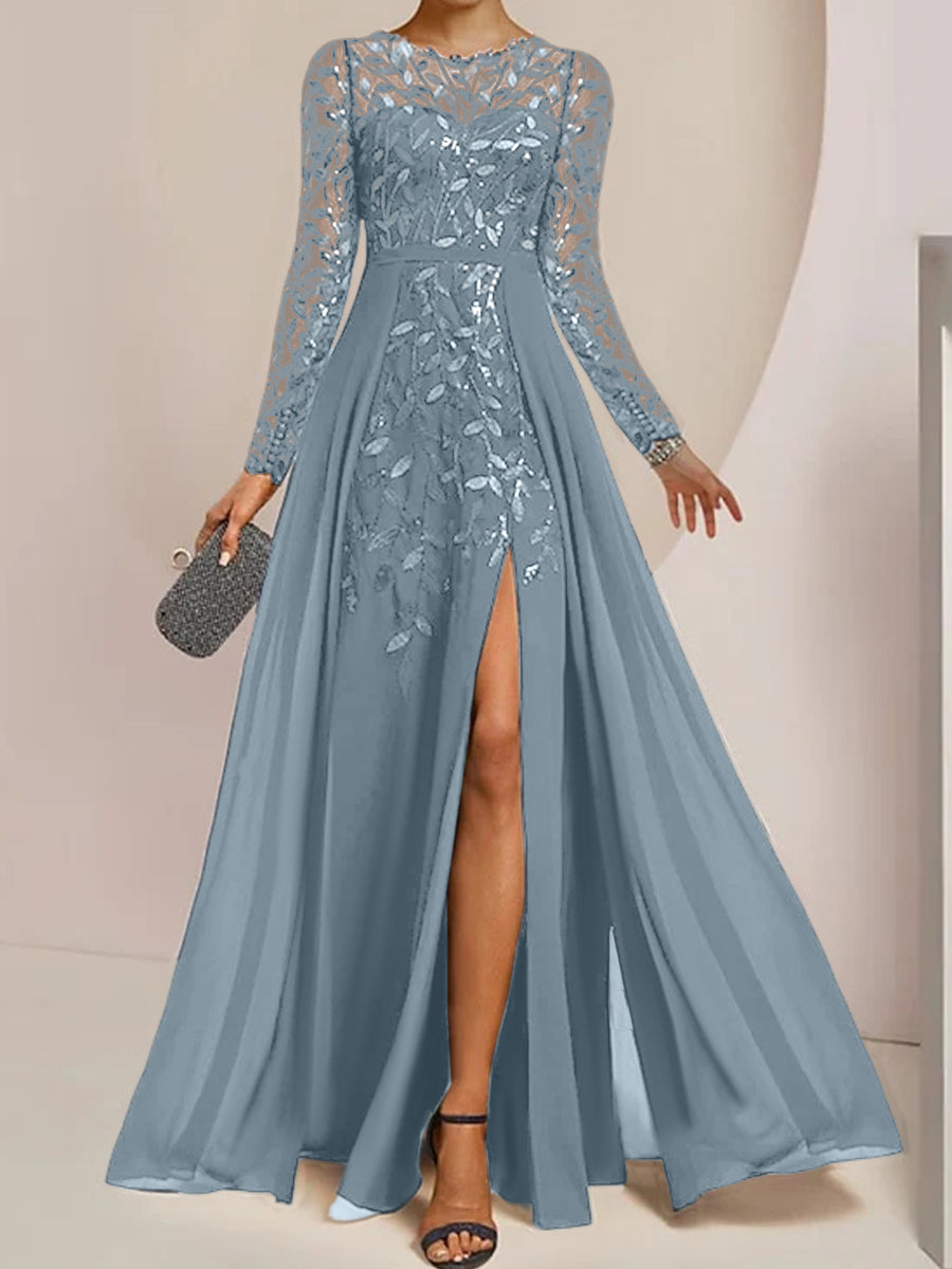 A-Line/Princess Scoop Long Sleeves Floor-Length Mother of the Bride Dresses with Split Side, Ruffles & Sequins