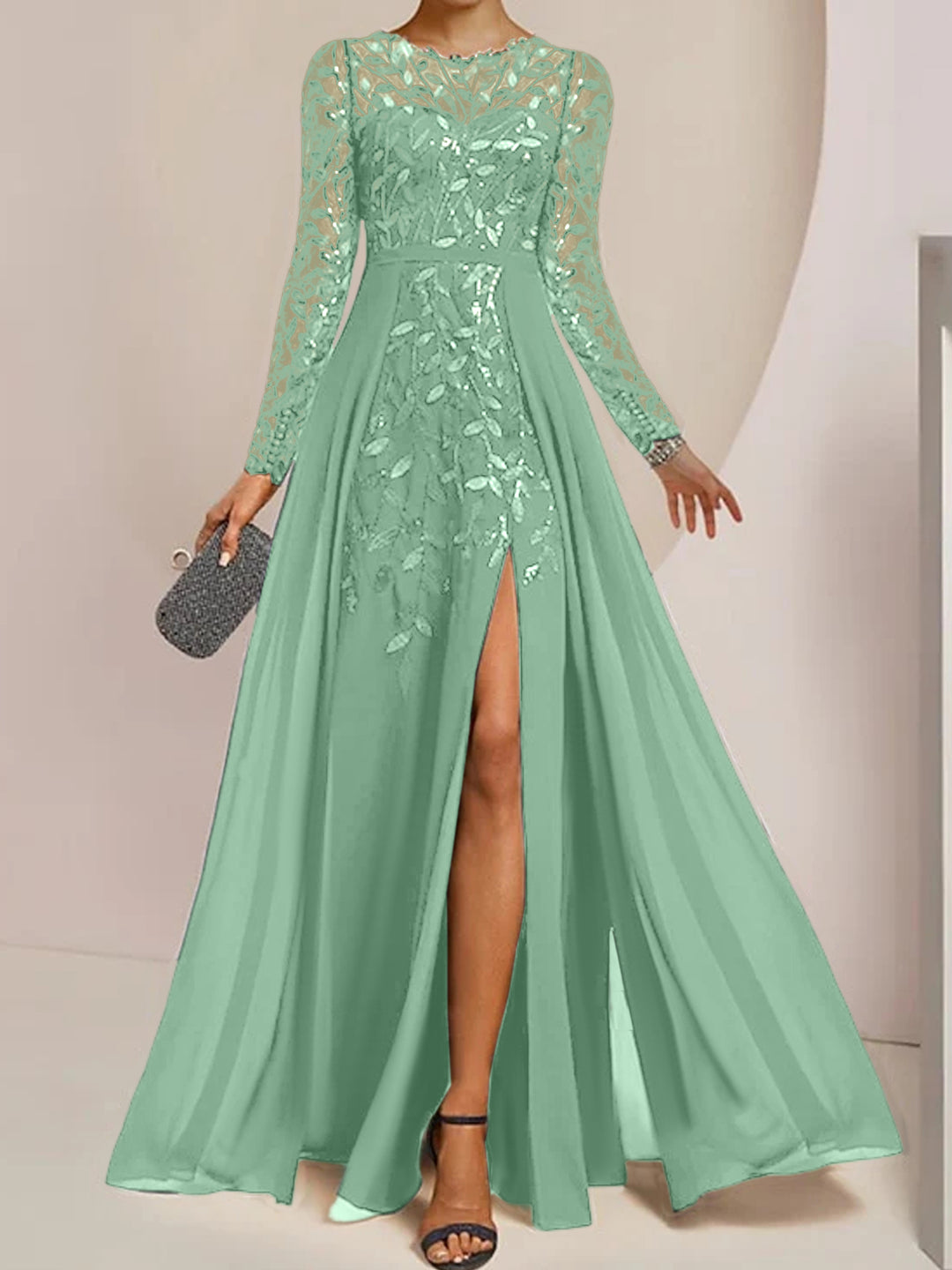 A-Line/Princess Scoop Floor-Length Mother of the Bride Dresses with Split Side Ruffles Sequins