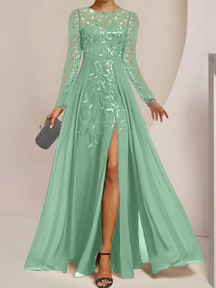 A-Line/Princess Scoop Long Sleeves Floor-Length Mother of the Bride Dresses with Split Side, Ruffles & Sequins