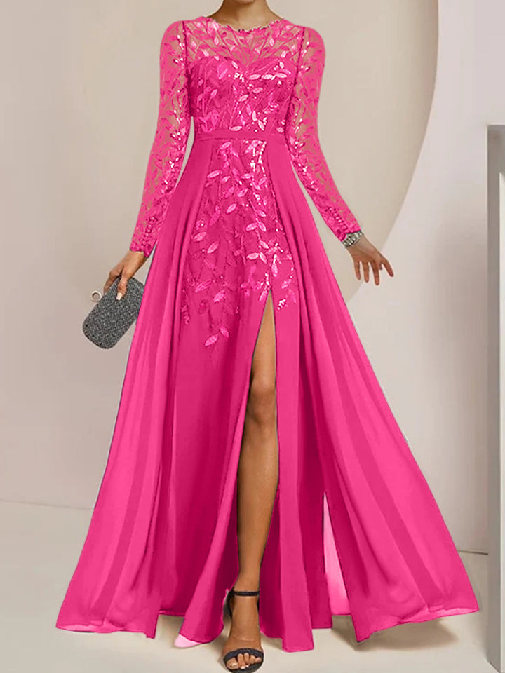 A-Line/Princess Scoop Long Sleeves Floor-Length Mother of the Bride Dresses with Split Side, Ruffles & Sequins