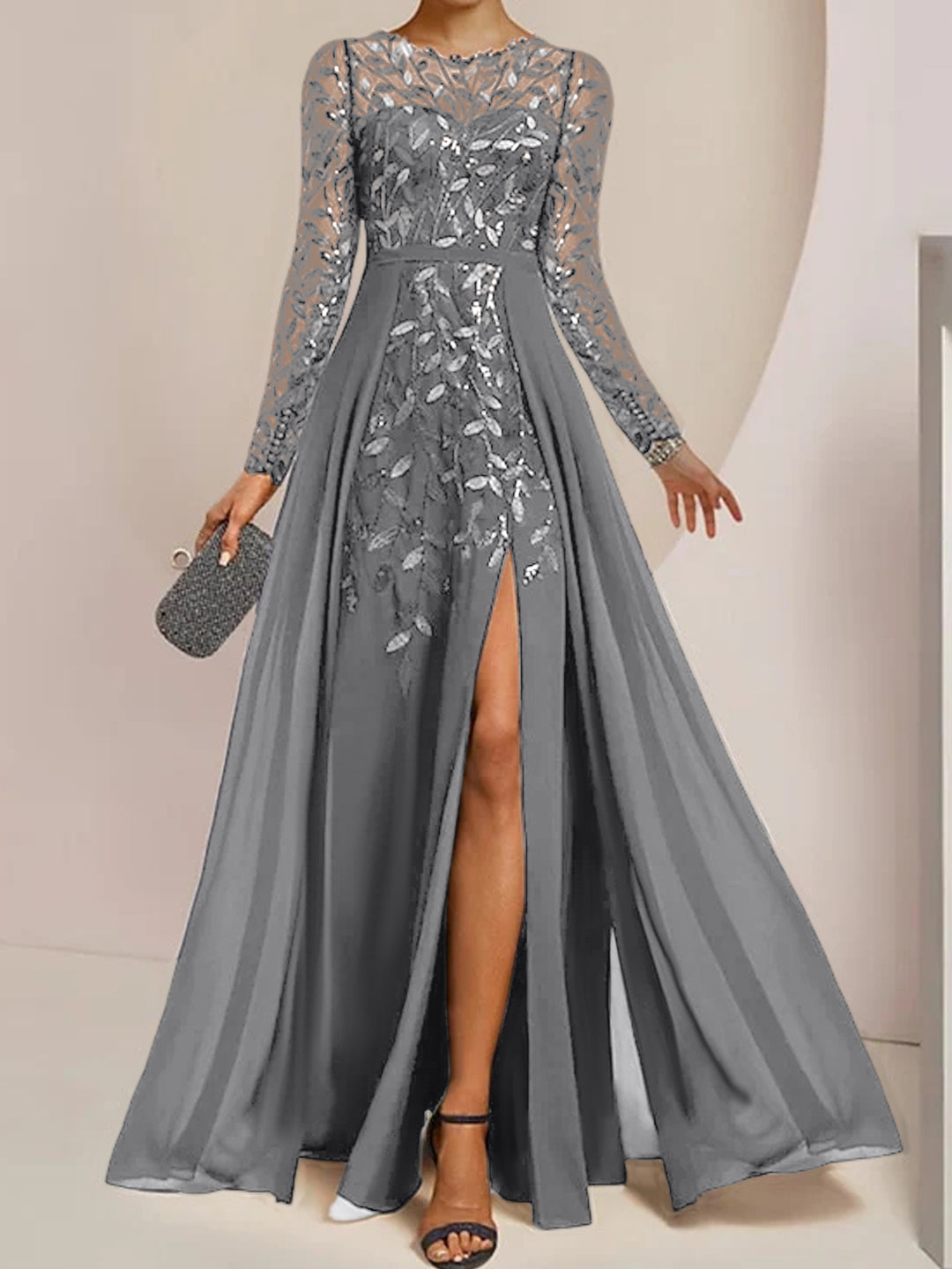 A-Line/Princess Scoop Long Sleeves Floor-Length Mother of the Bride Dresses with Split Side, Ruffles & Sequins