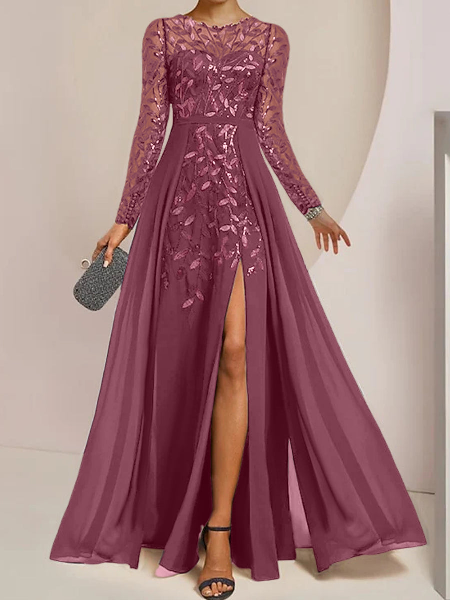 A-Line/Princess Scoop Long Sleeves Floor-Length Mother of the Bride Dresses with Split Side, Ruffles & Sequins