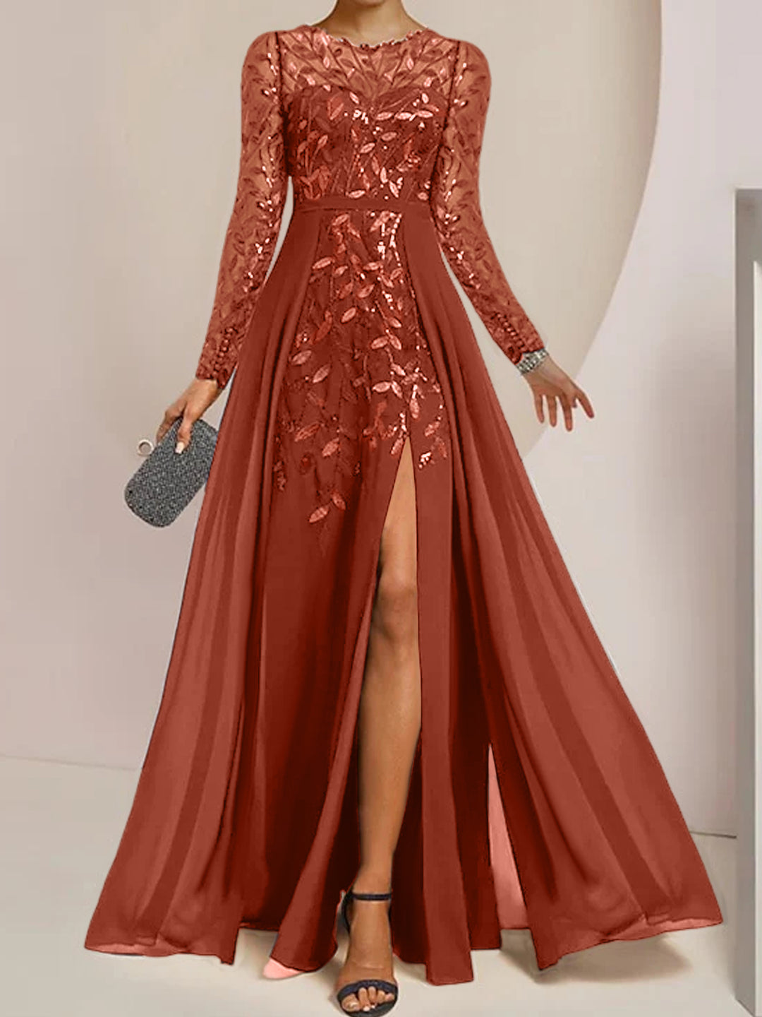 2026 Mother of the Bride Dresses Navy Blue Women's A-Line Scoop Neck Long Sleeves Floor-Length Formal Evening Wedding Party Dress with Split Side, 2026 Mother of the Bride Dresses Navy Blue Women's A-Line Scoop Neck Long Sleeves Floor-Length Formal Evening Wedding Party Dress with Split Side,