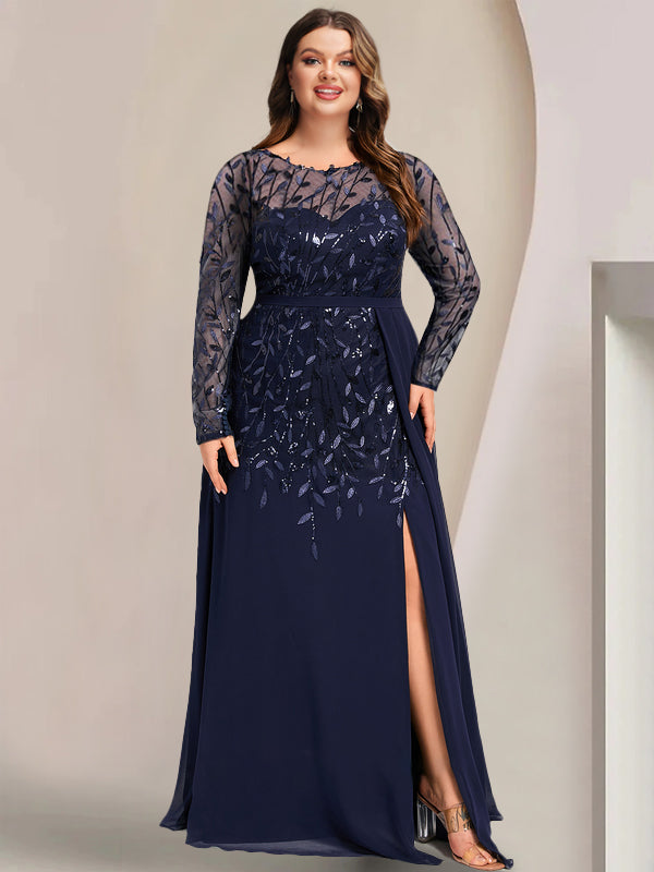 A-Line/Princess Scoop Long Sleeves Floor-Length Mother of the Bride Dresses with Split Side, Ruffles & Sequins