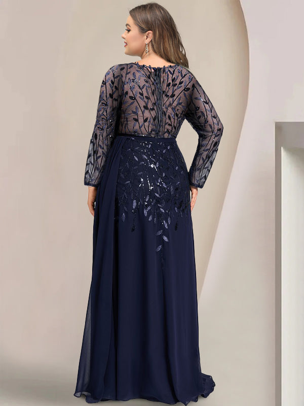 A-Line/Princess Scoop Long Sleeves Floor-Length Mother of the Bride Dresses with Split Side, Ruffles & Sequins