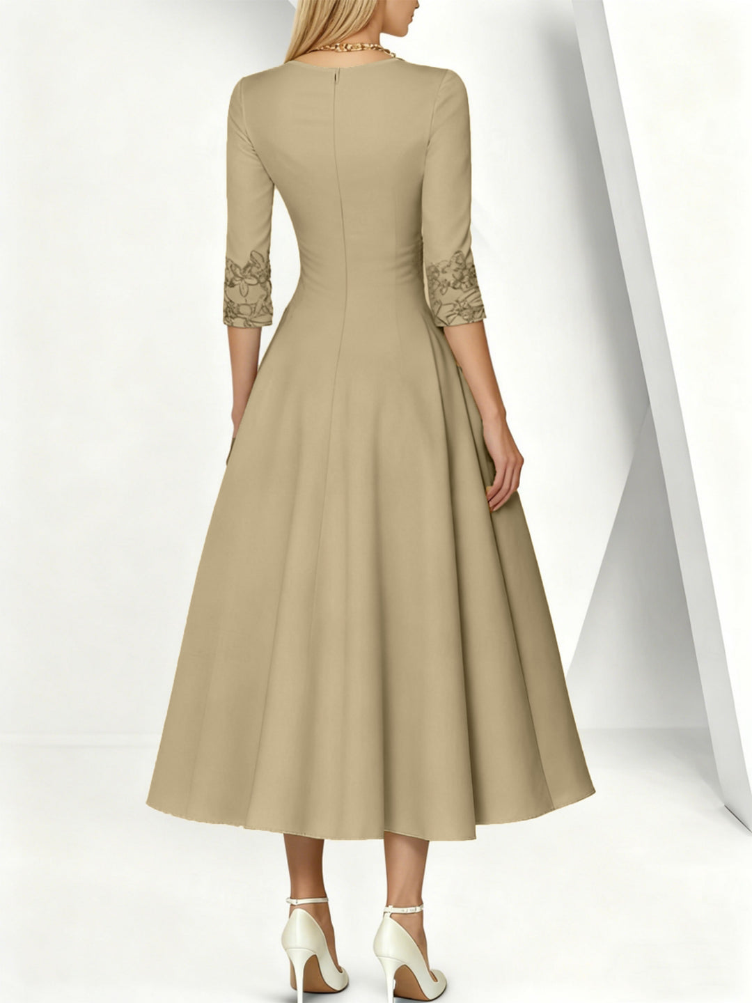 A-Line/Princess V-Neck Satin Mother of the Bride Dresses 3/4 Sleeves Pleated Lace Tea-Length