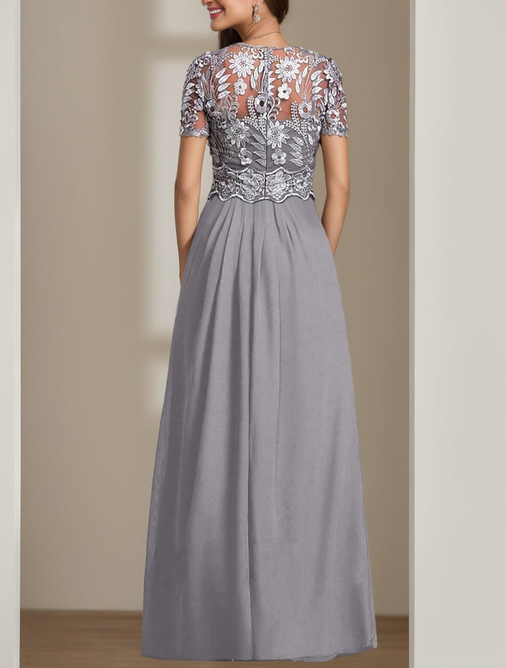 Stretch Chiffon Round Neck Short Sleeves Floor Length Mother of the Bride Pantsuits with Appliques Lace