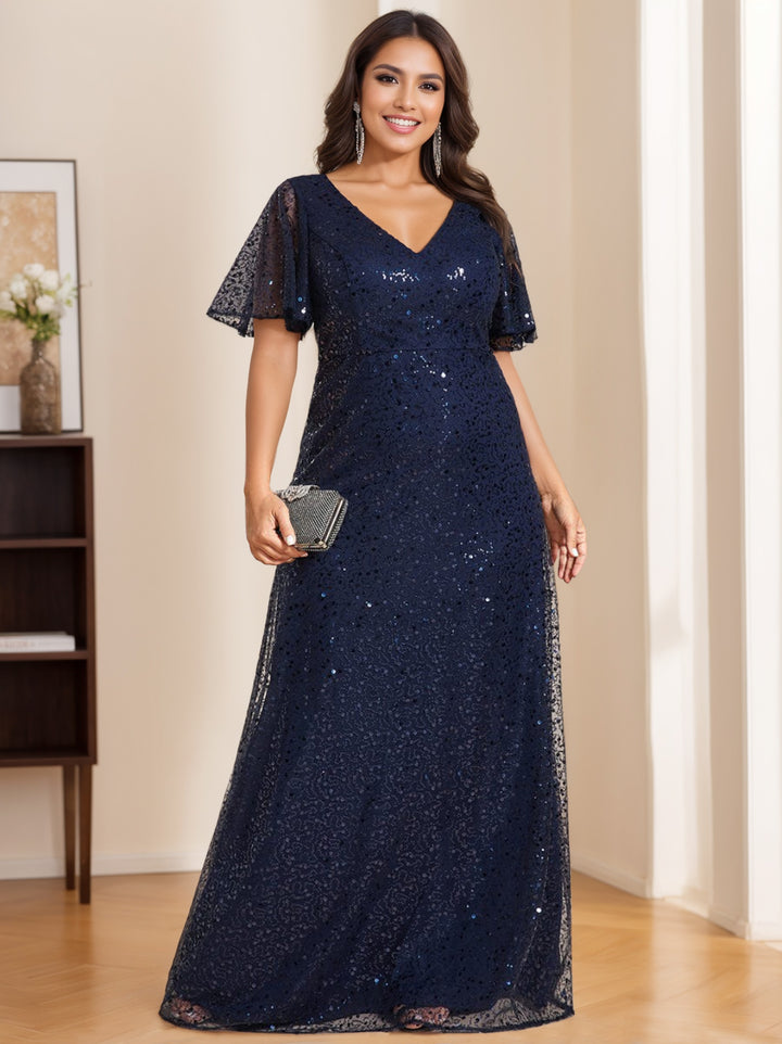 A-Line/Princess V-Neck Short Sleeves Floor Length Sequined Mother of the Bride & Groom Dresses