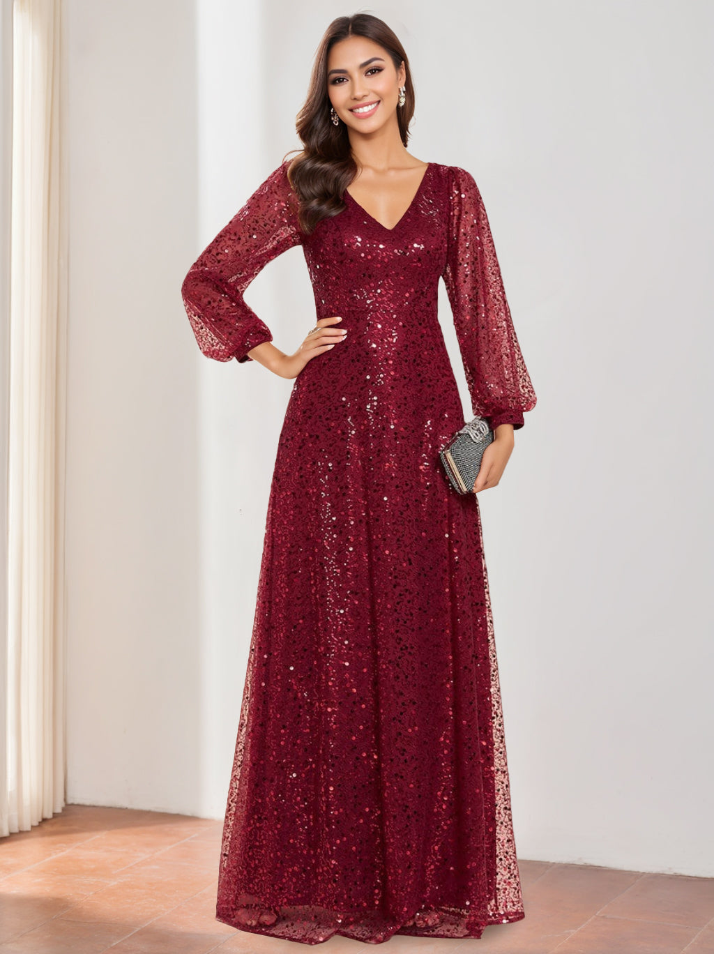 A-Line/Princess V-Neck Long Lantern Sleeves Floor Length Sequined Mother of the Bride Dresses