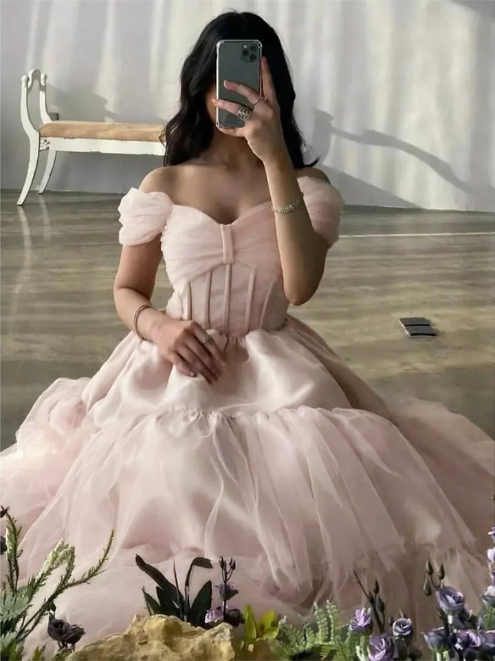 A-Line/Princess Short Sleeves Off-the-Shoulder Evening Dresses With Pleats