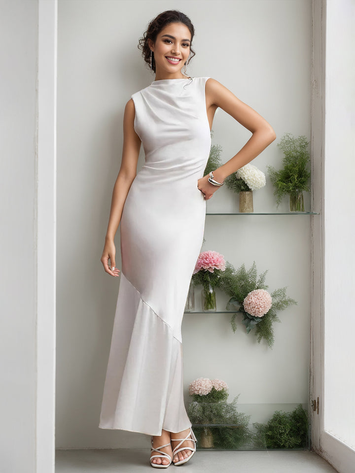 White Mermaid/Trumpet Sleeveless Floor Length Wedding Guest Dress With Ruffles