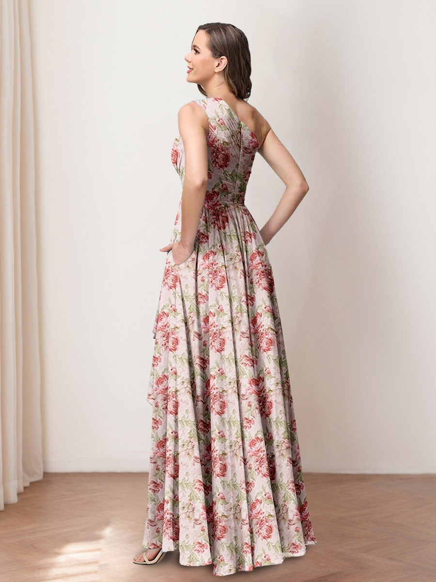 Pink Floral Bridesmaid Dresses 2026 One-Shoulder Elegant Women's A-Line Sleeveless Asymmetrical Formal Evening Gowns Pink Floral Bridesmaid Dresses 2026 One-Shoulder Elegant Women's A-Line Sleeveless Asymmetrical Formal Evening Gowns
