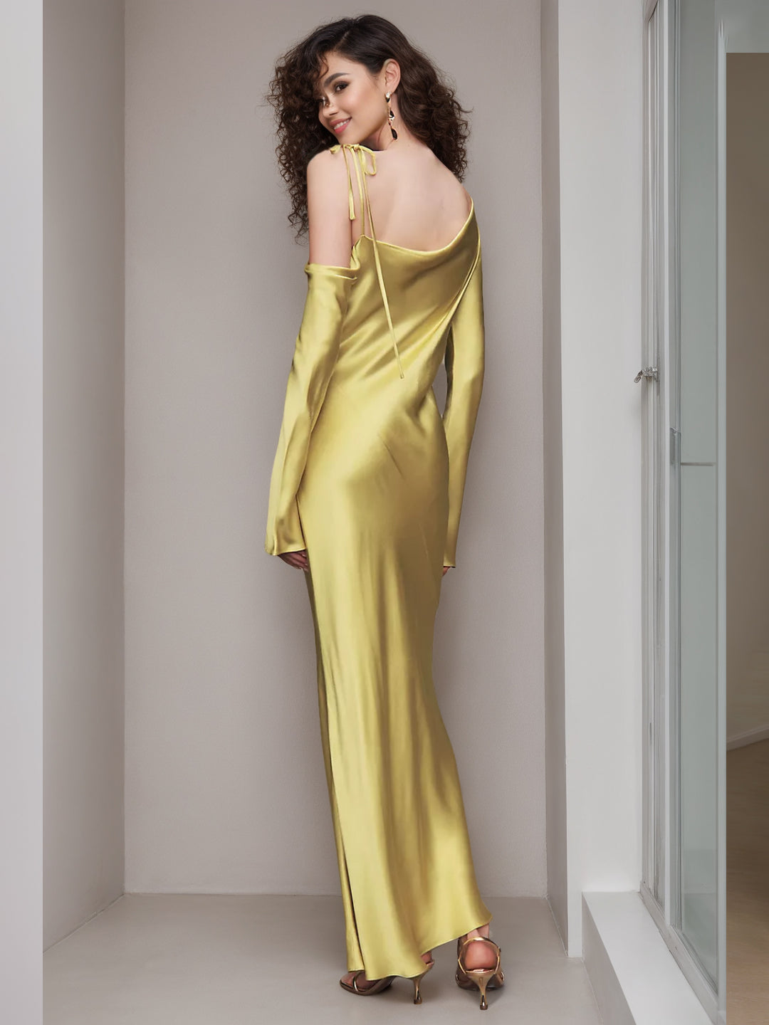 Sheath/Column One-shoulder Ankle Length Long Sleeves Wedding Guest Dress