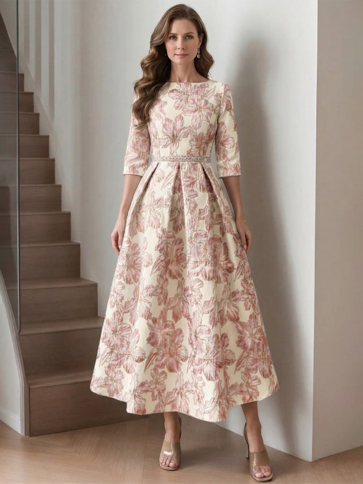 A-Line/Princess Scoop Printed Satin Mother of the Bride Dresses Half Sleeves Floral Tea-Length Sash