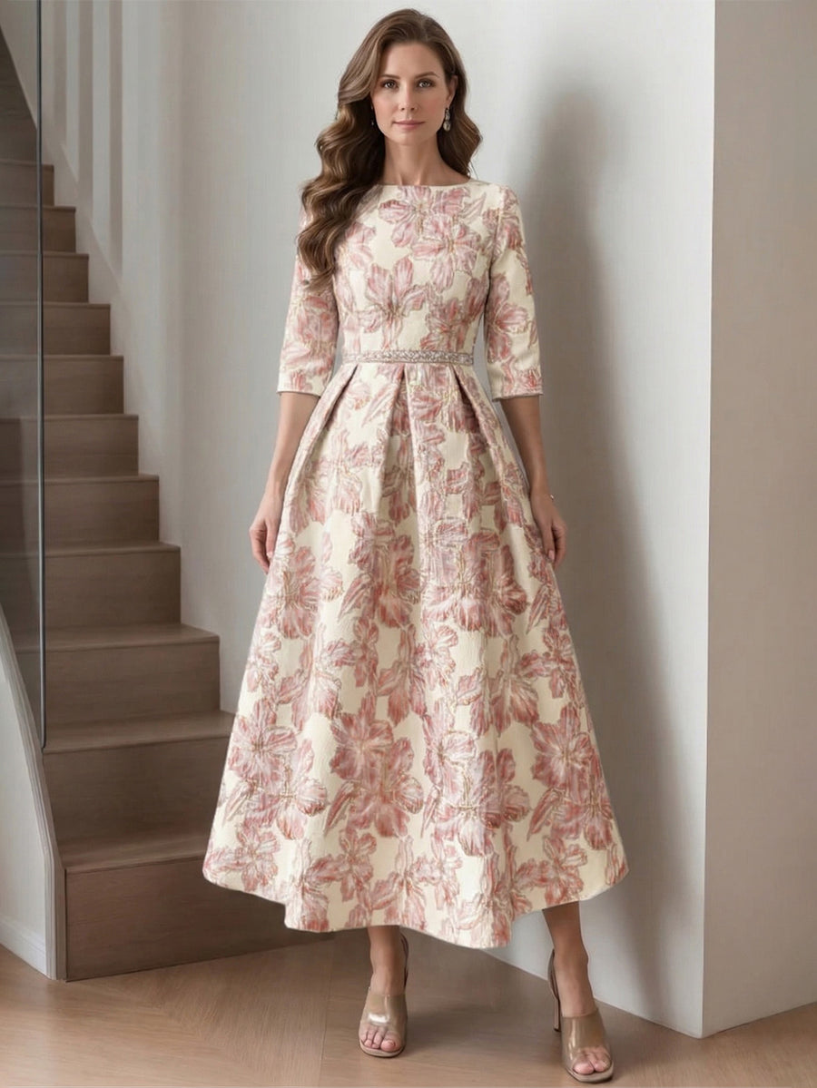 A-Line/Princess Scoop Printed Satin Mother of the Bride Dresses Half Sleeves Floral Tea-Length Sash