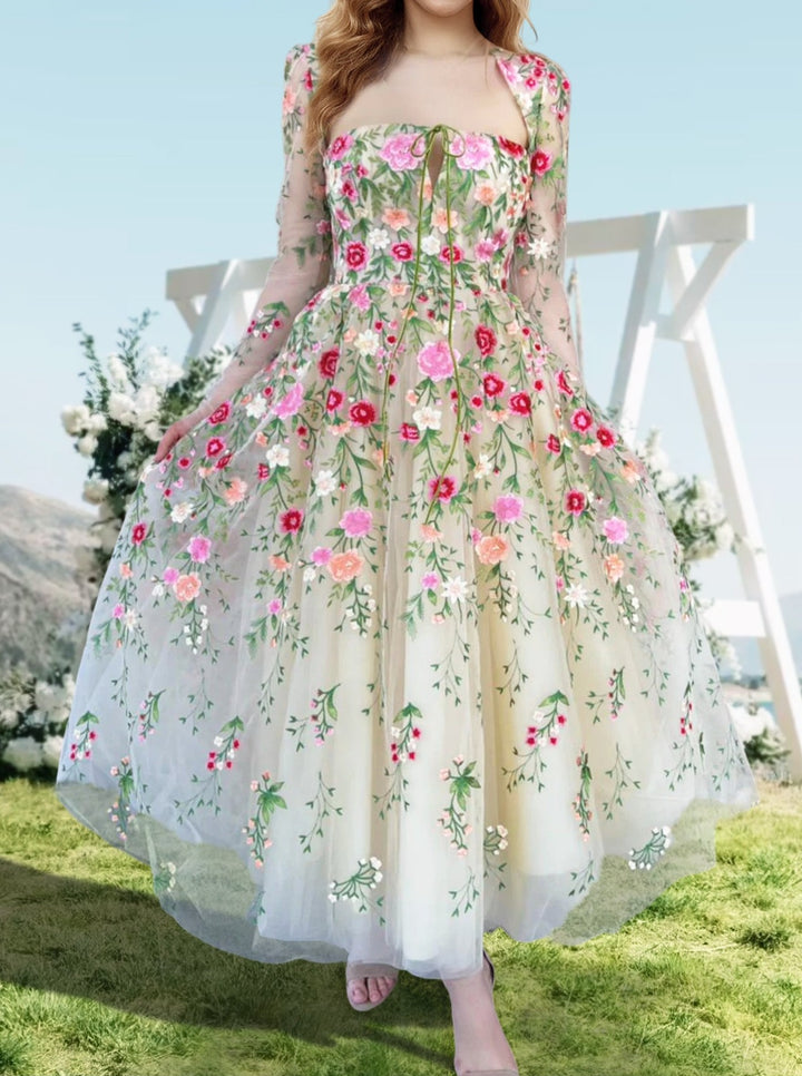 A-Line/Princess V-Neck Long Sleeves Long Formal Prom Floral Dresses With Flowers