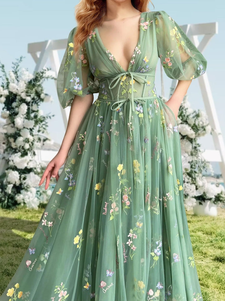 A-Line/Princess V-Neck Short Sleeves Floral Long Formal Prom Dresses With Flowers