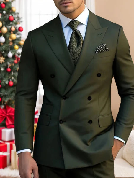 Green Men's Tailored Fit Double Breasted Six-buttons 2 Pieces