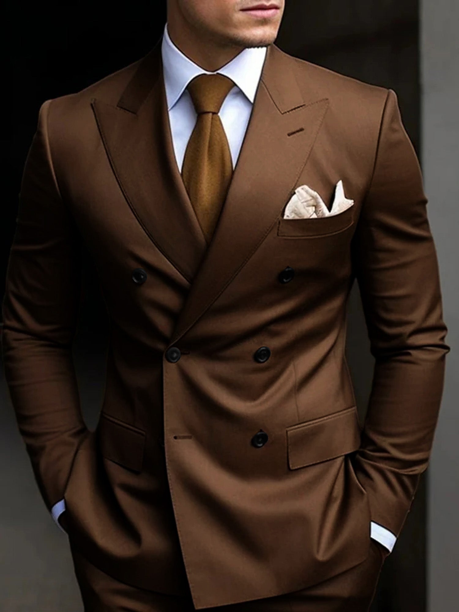 Men's Tailored Fit Double Breasted Six-buttons 2 Pieces Solid
