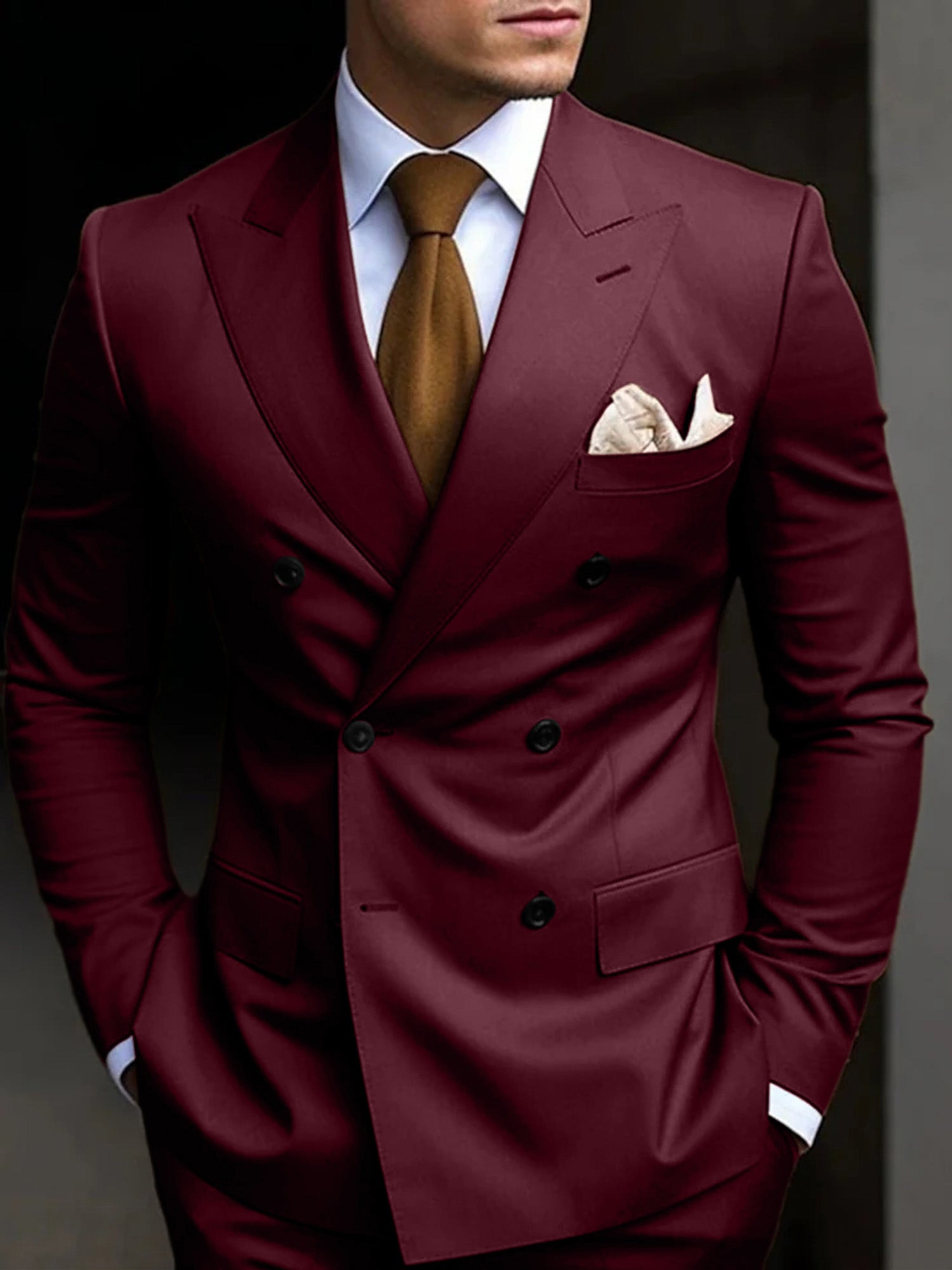 Men's Tailored Fit Double Breasted Six-buttons 2 Pieces Solid