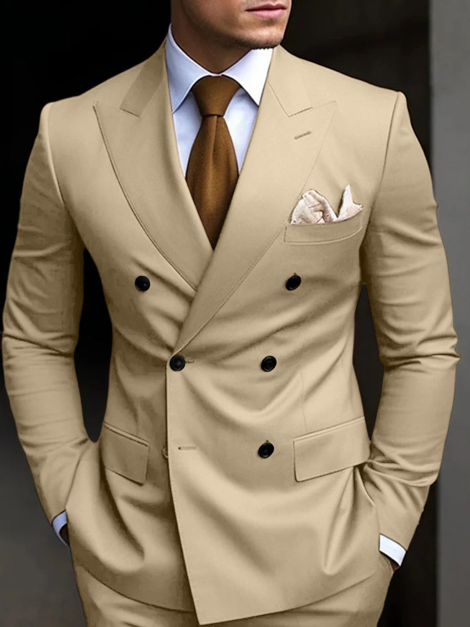 Men's Tailored Fit Double Breasted Six-buttons 2 Pieces Solid