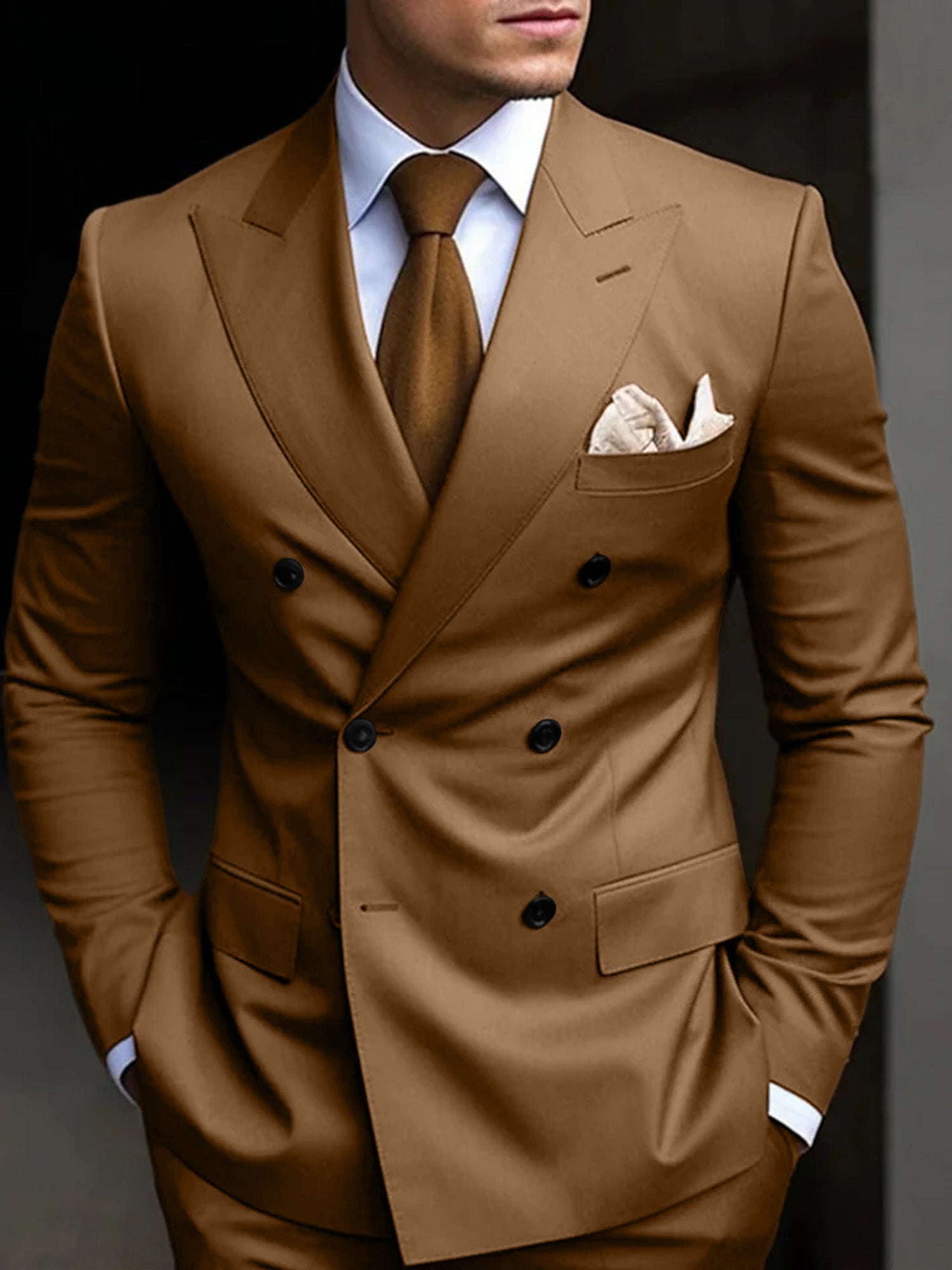 Men's Tailored Fit Double Breasted Six-buttons 2 Pieces Solid