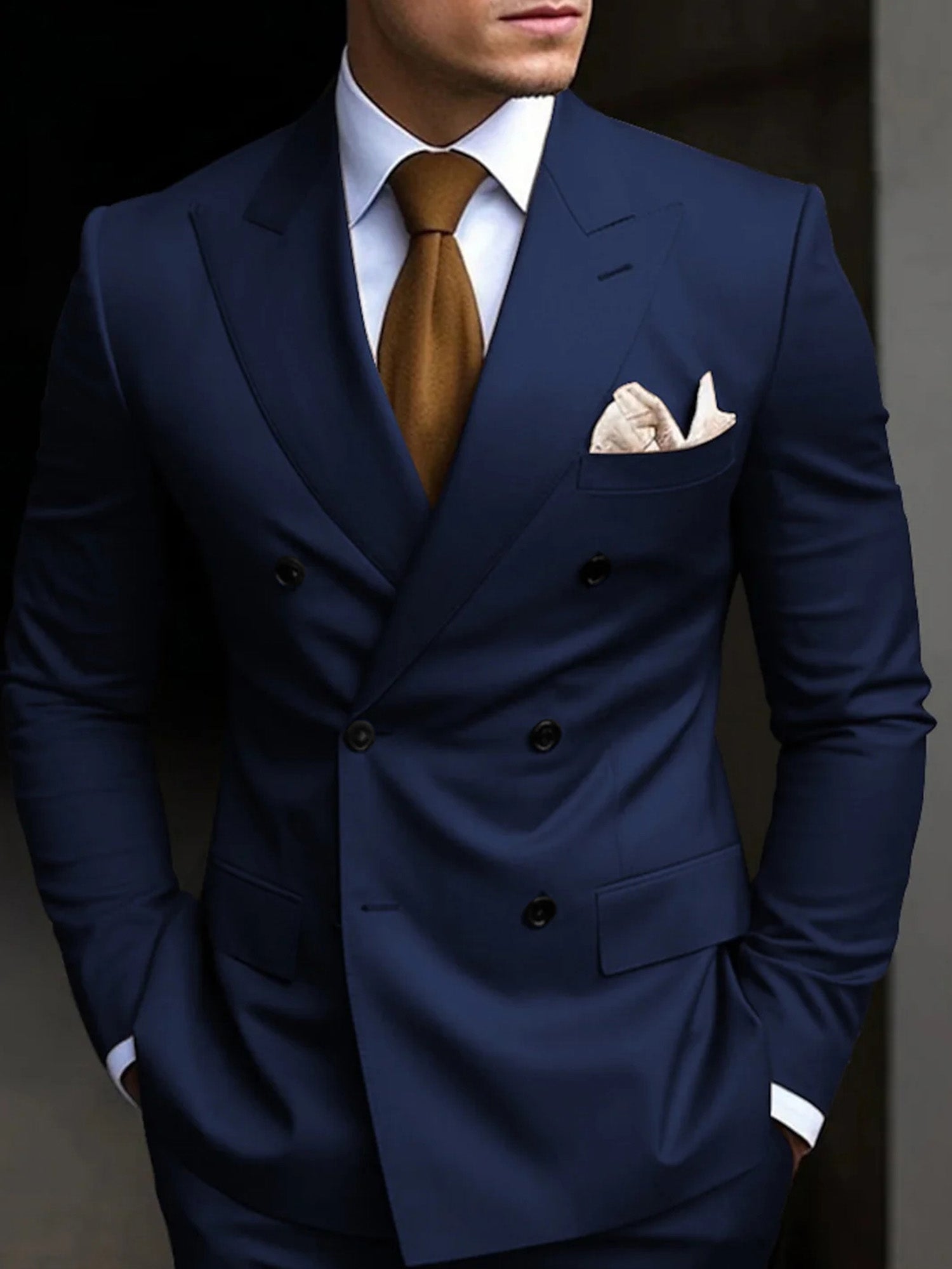 Men's Tailored Fit Double Breasted Six-buttons 2 Pieces Solid