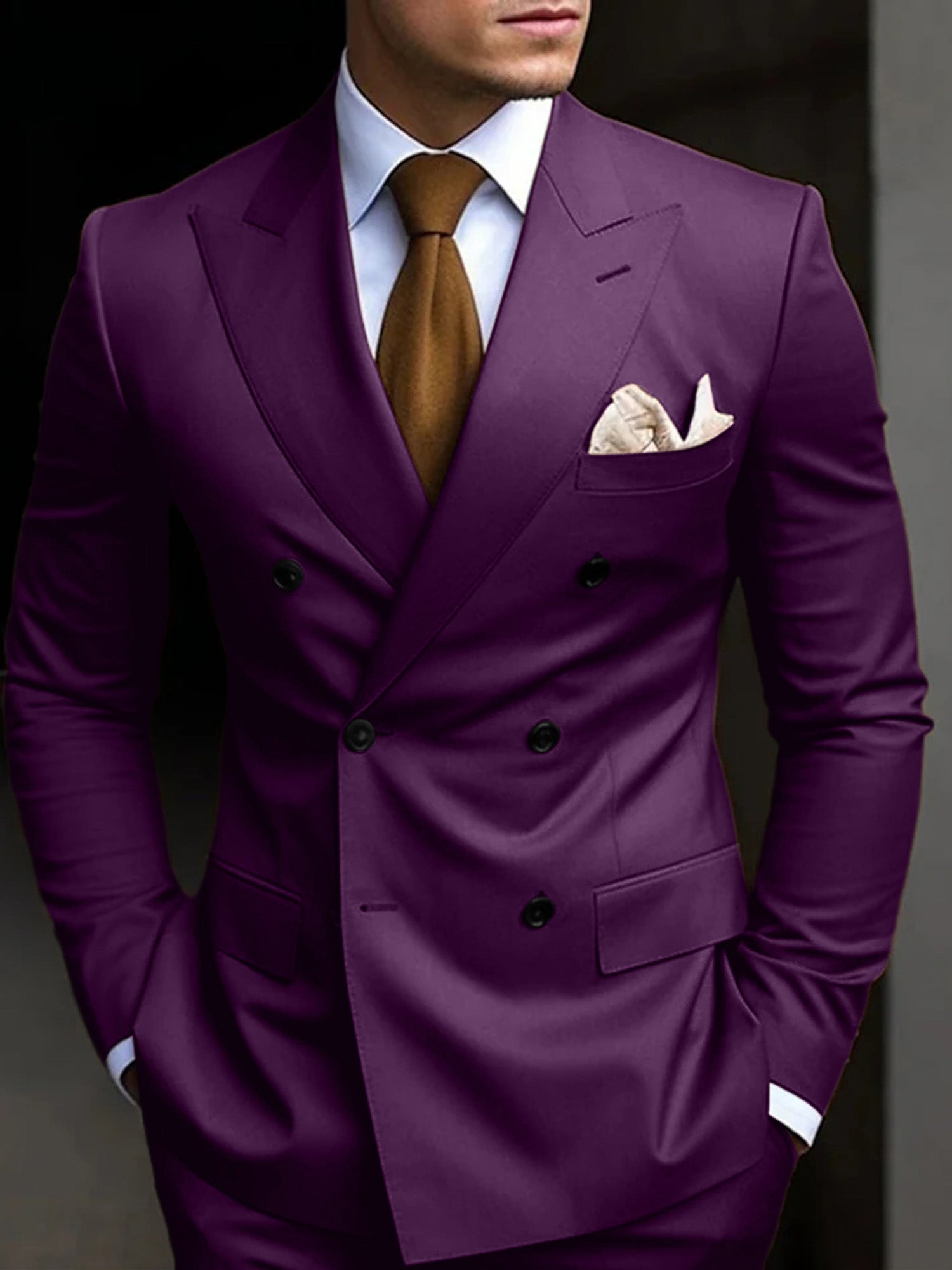 Men's Tailored Fit Double Breasted Six-buttons 2 Pieces Solid
