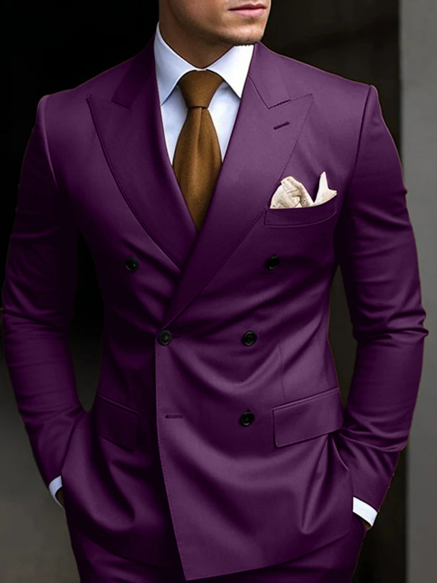 Men's Tailored Fit Double Breasted Six-buttons 2 Pieces Solid Colored Wedding Suits
