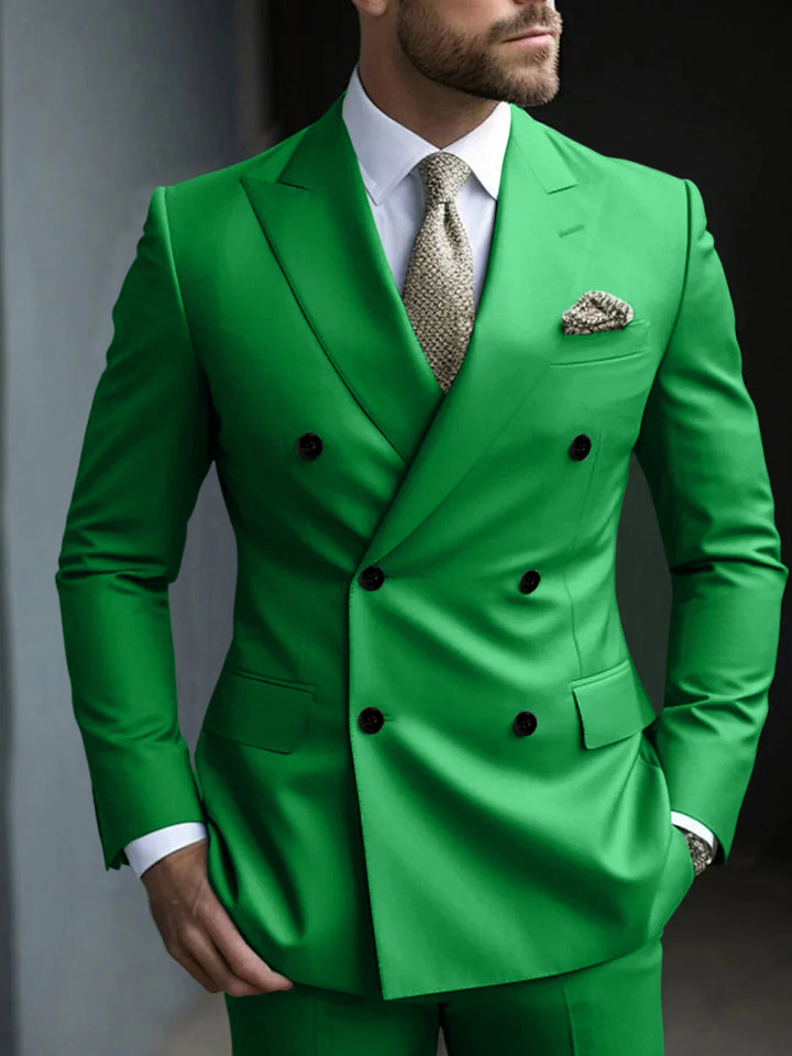 Green Men's Tailored Fit 2 Pieces Solid Colored Double Breasted Six-buttons Party Suits