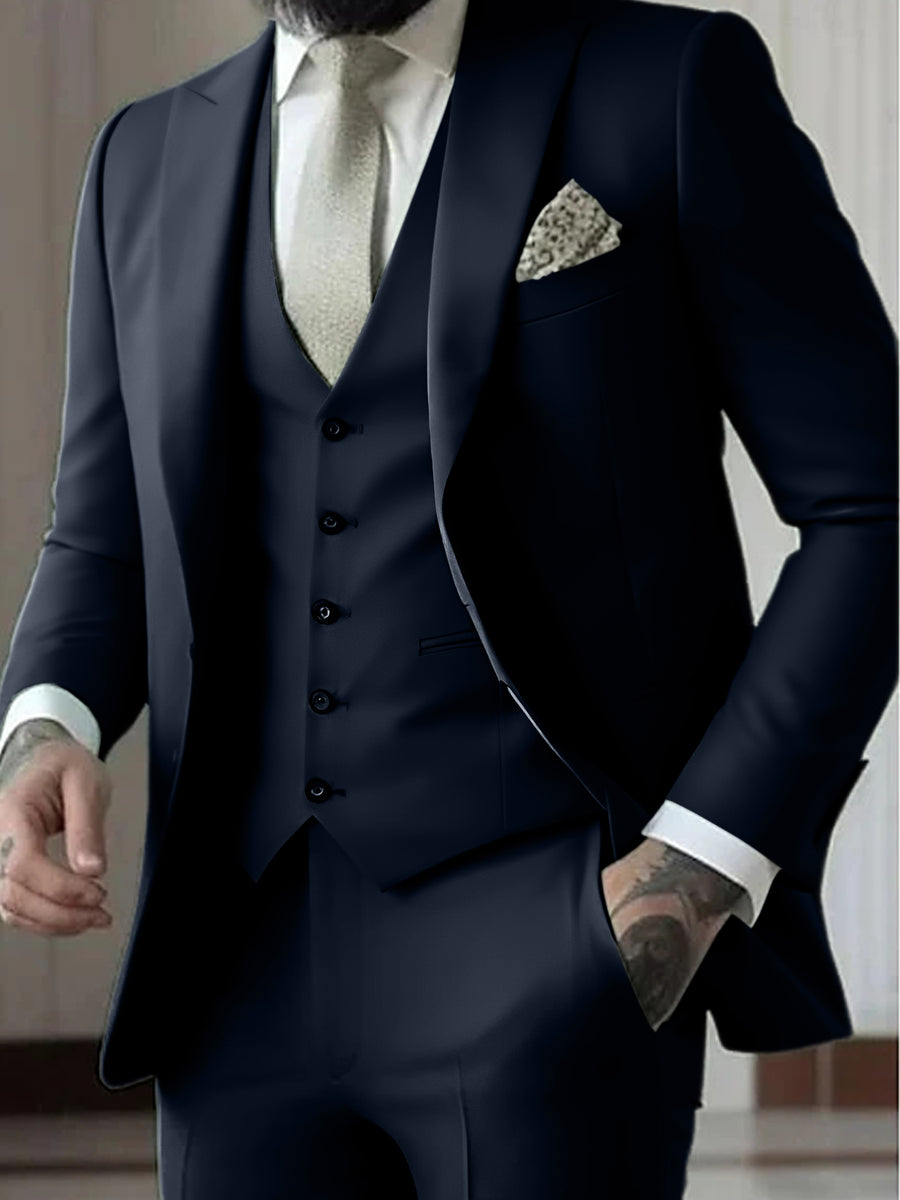 Black Khaki Men's Tailored Fit Single Breasted One-button 3 Pieces Plaid Weeding Suits