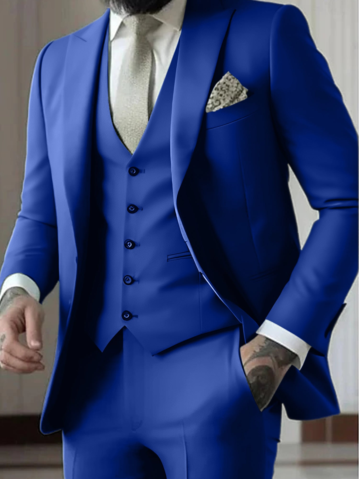 Tailored Fit Notched Lapel Single Breasted One-Button Grid 3 Piece Men's Party Suits