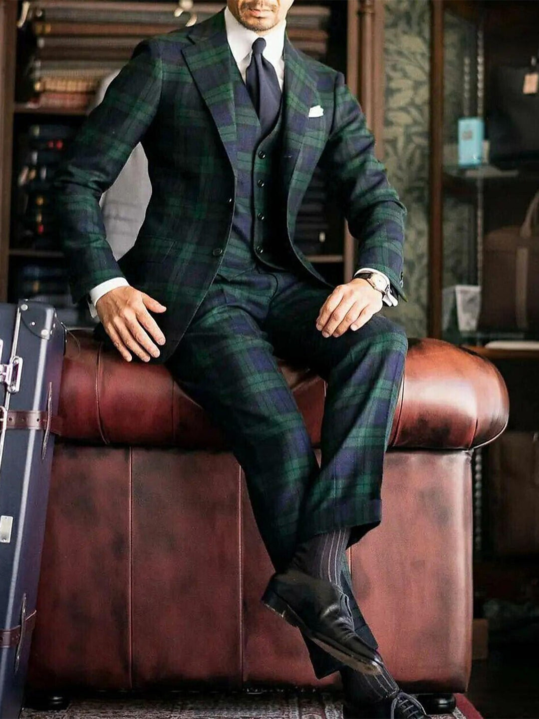 Dark Green Men's Tailored Fit Single Breasted Two-buttons  3 Piece Plaid Wedding Suits