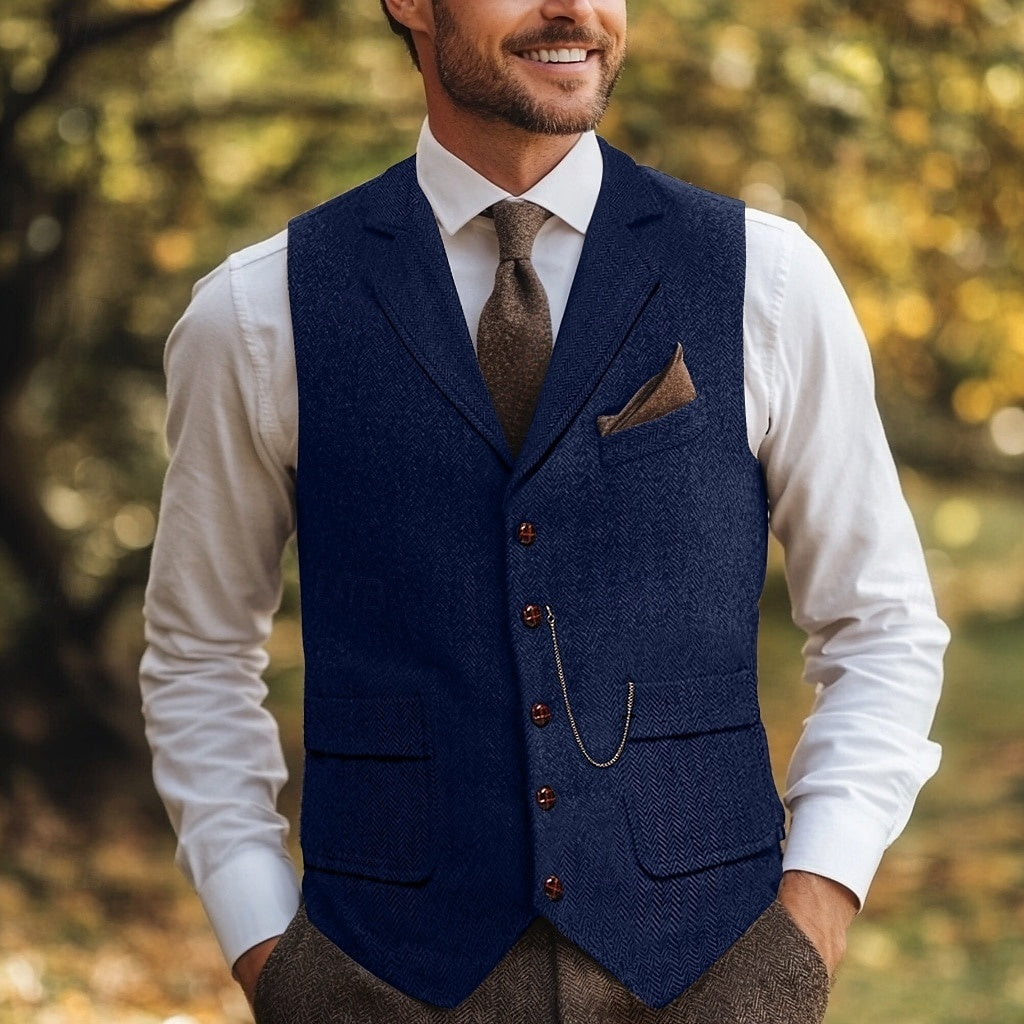 Men's Herringbone Standard Fit Notch Single Breasted Five-buttons Tweed Vest