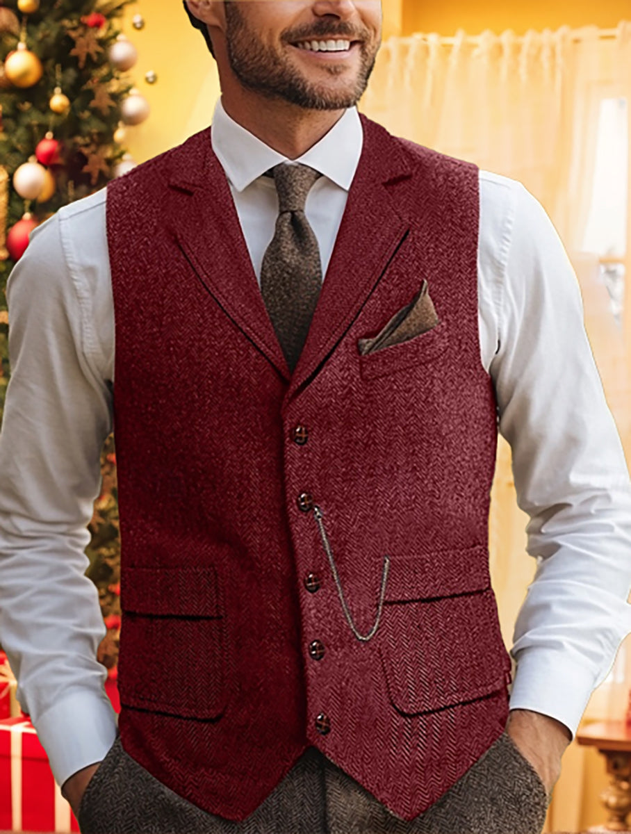 【 mitsumine × Harris Tweed 】 ボルドー　ベスト Men's Herringbone Standard Fit Notch Single Breasted Five-buttons