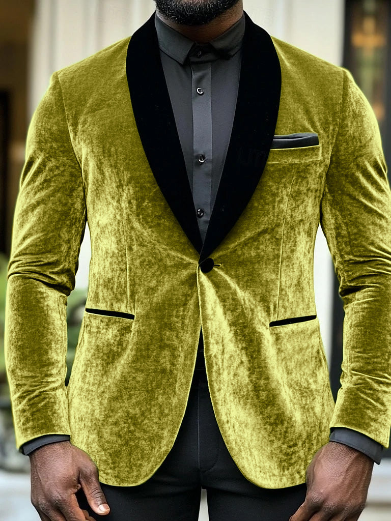 Green Men's Velvet Solid Colored Standard Fit Single Breasted One-button Blazer Jacket