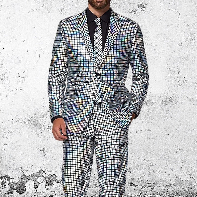 Men's Party Plaid 2 Piece Punk Fashion Standard Fit Single Breasted Two-Buttons Sequin Evening Wear Prom Suits, Silver