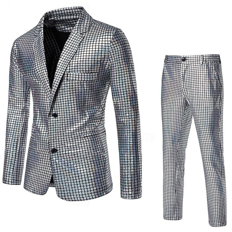 Men's Party Plaid 2 Piece Punk Fashion Standard Fit Single Breasted Two-buttons Sequin Evening Wear Prom Suits